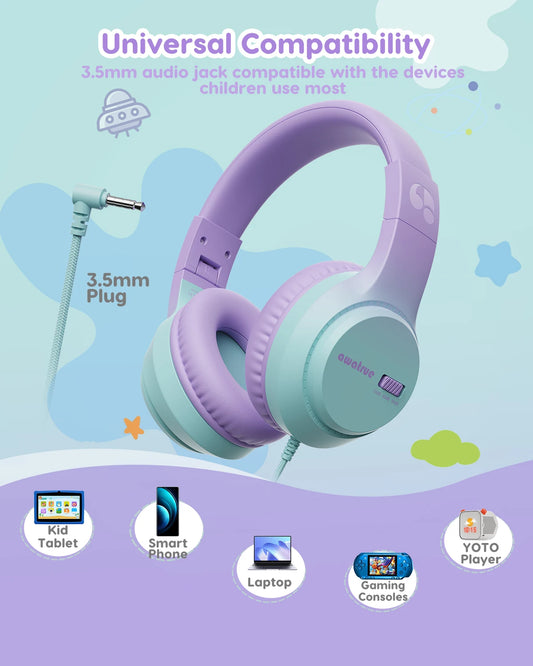 AWATRUE Kids Wired Headphones HK07 Stereo Sound Earphone with Mic Music Study Headset Limited Volume 74dB/85dB for Children