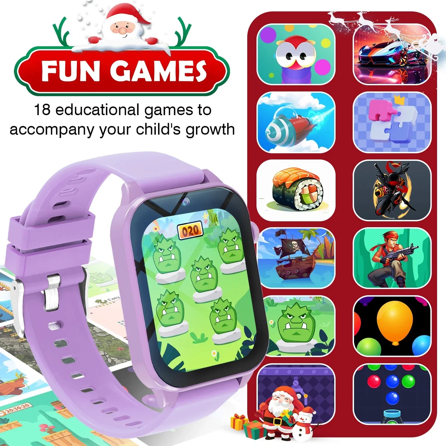 Kids Games Smart Watch 18 Games Camera Waterproof Flashlight Sleep Monitoring For Birthday Holiday Gift Boy Girl Children