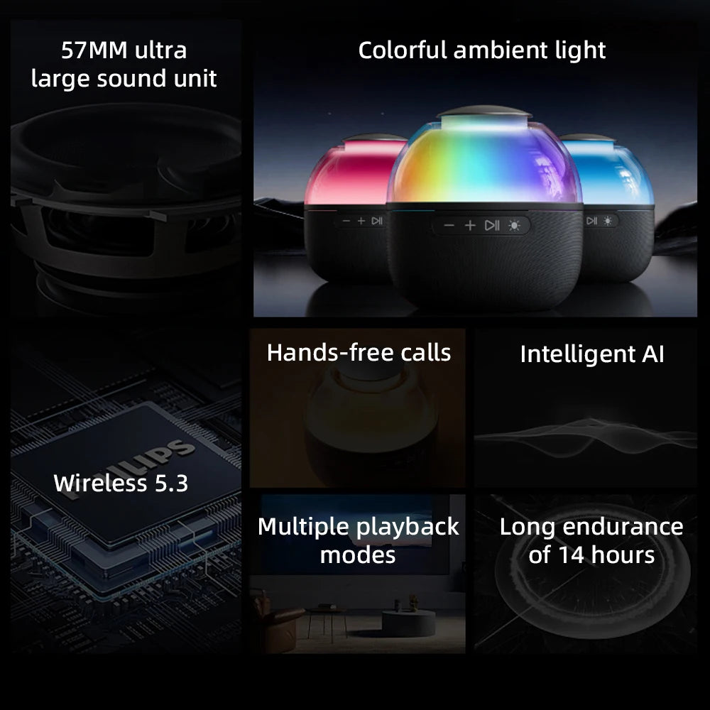 Philips TAS2009 Smart Wireless Bluetooth Speaker Convenient Home 360 ° Surround Sound Audio with Colorful Light for Office Home