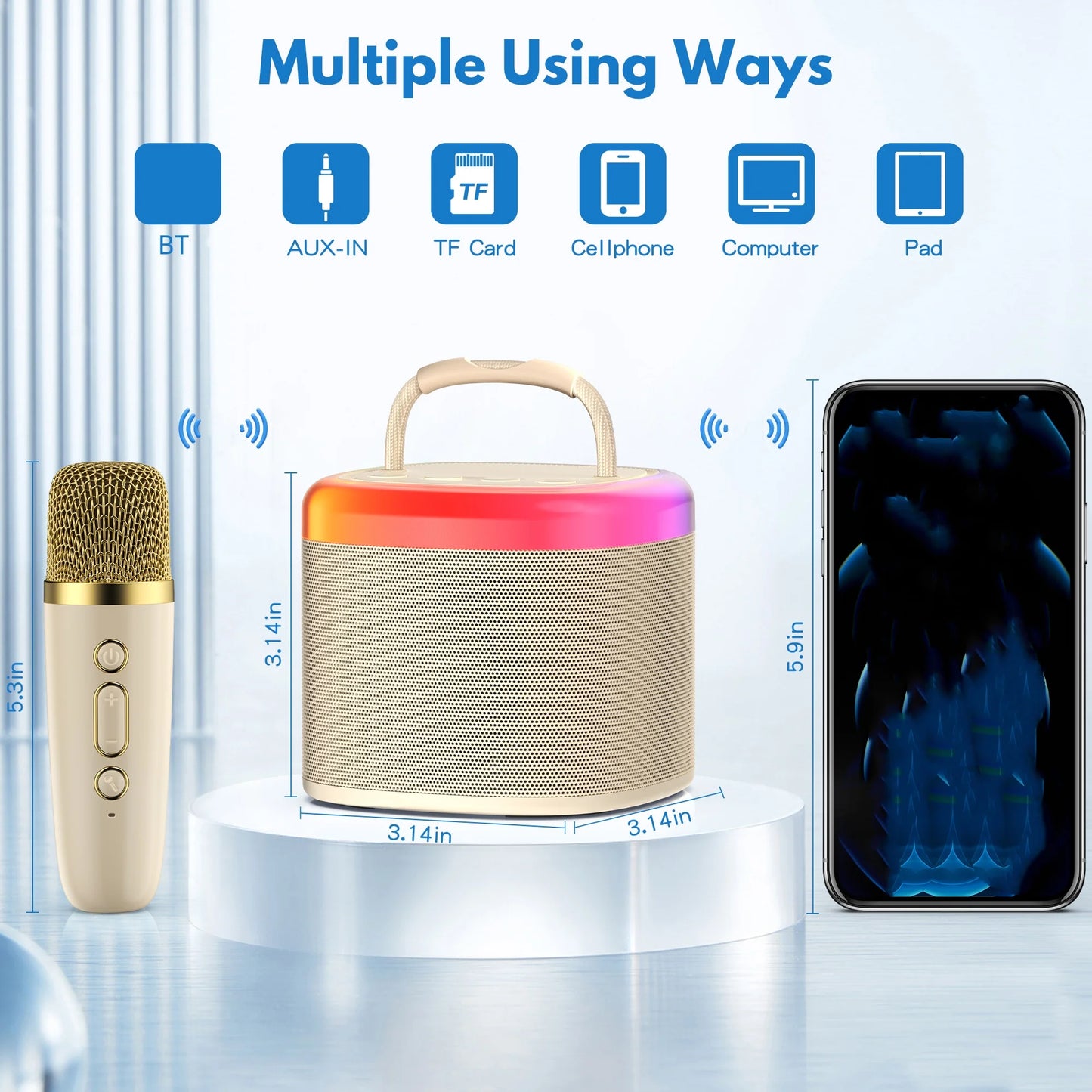 Mini Karaoke Machine，Portable Bluetooth Speaker with 2 Wireless Microphones,Birthday Gifts Suitable for Girls Aged 4 to 12