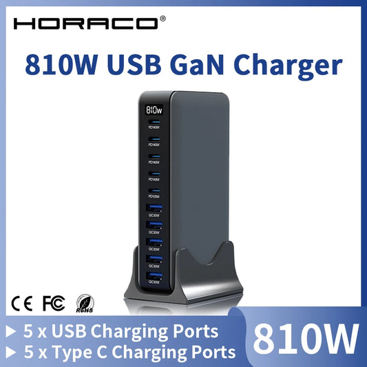 810W GaN Charger USB C Fast Desktop 10-port USB Type C PD3.1 Charger Fast Charging for iPhone Samsung Xiaomi Macbook