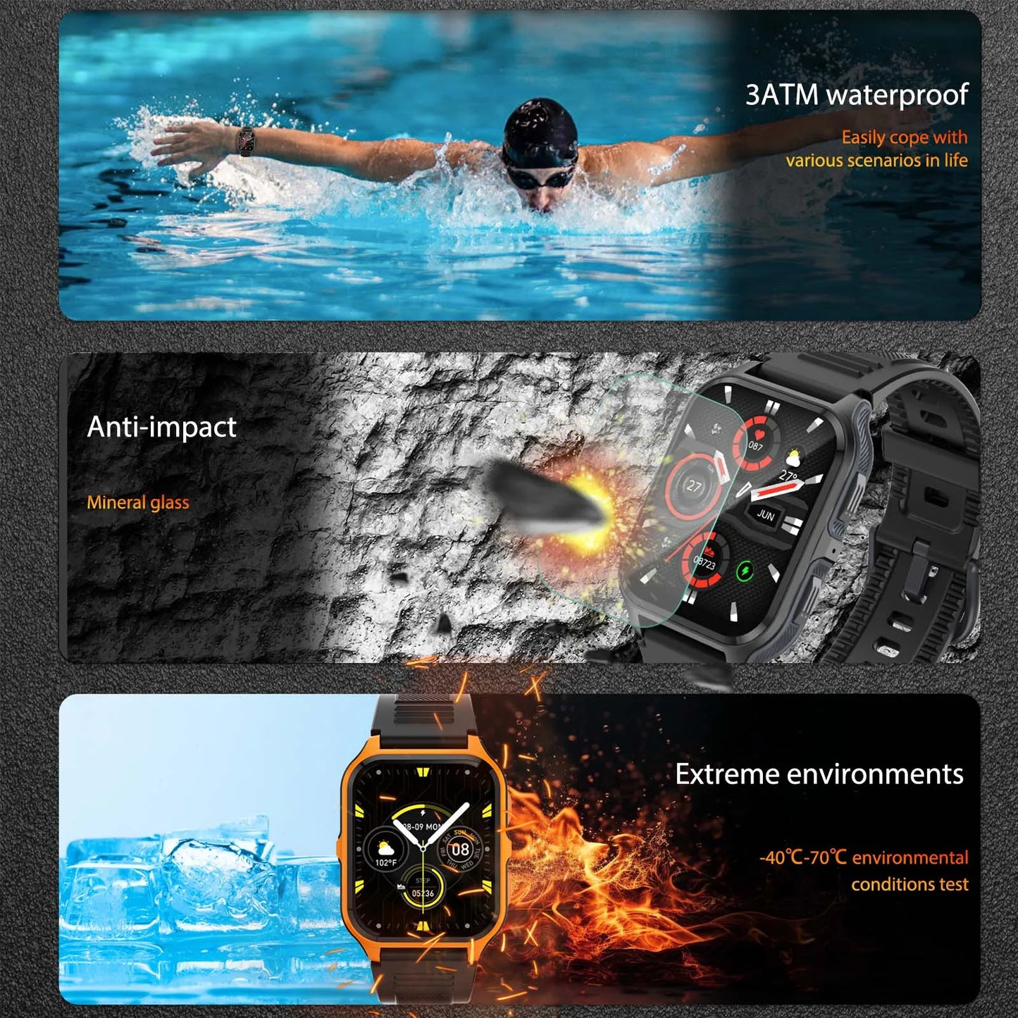 EIGIIS NewSmart Watch 3ATM Waterproof 100+ Sports Modes Heart Rate Blood Pressure Oxygen Saturation Monitoring HD Audio CallsP73