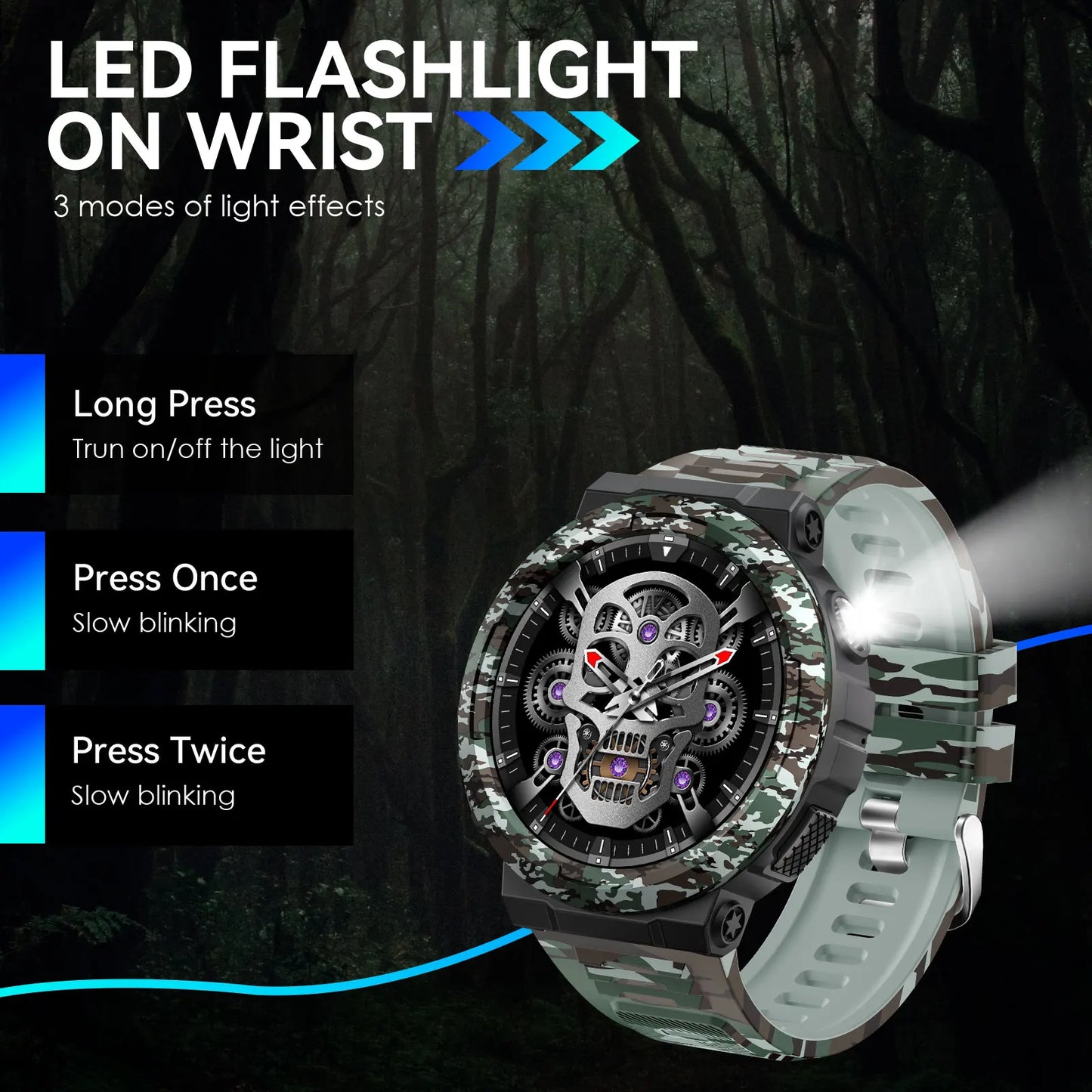 EIGIIS Smart Watch for Men with LED Flashlight 100+Sport Modes 3ATM Waterproof Fitness Tracker with Sleep Heart Rate Monitor