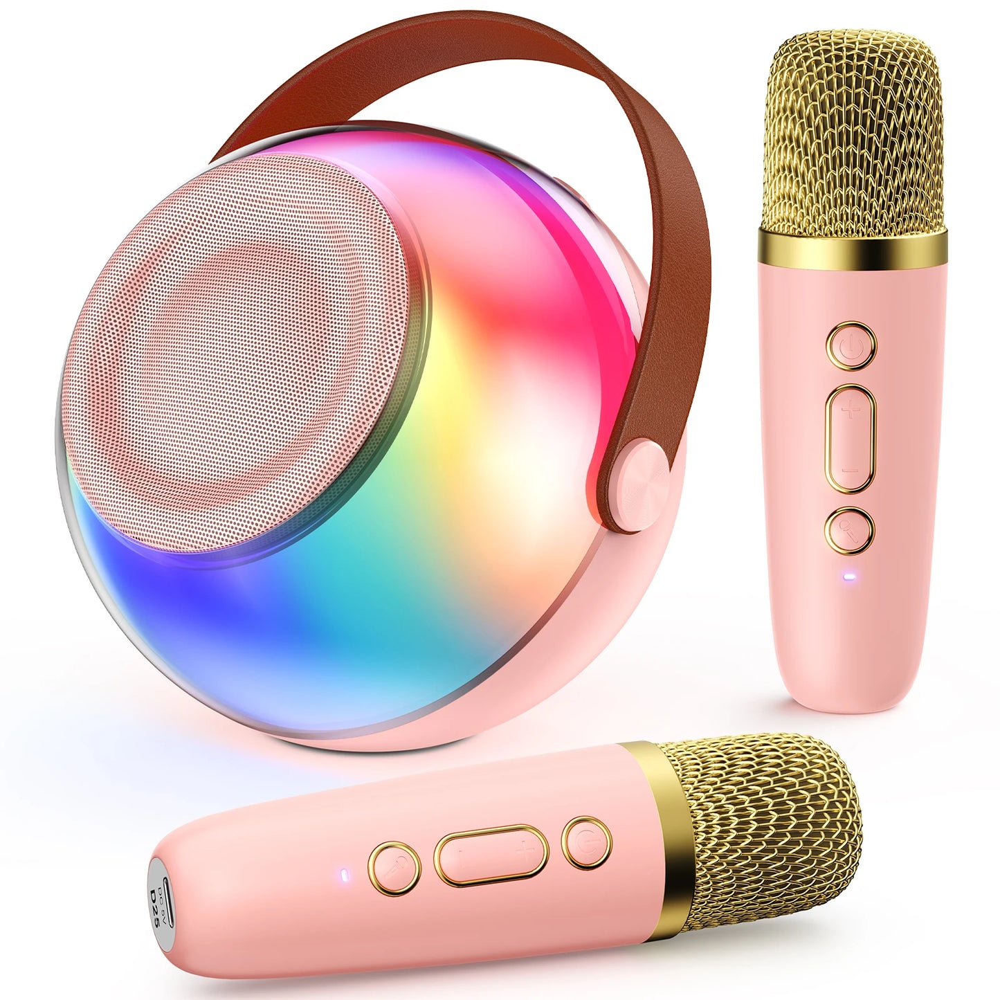 Portable Karaoke Machine with 2 Wireless Microphones, Bluetooth Speaker with Lights, Subwoofers for Home Party, 5 Voice Effects