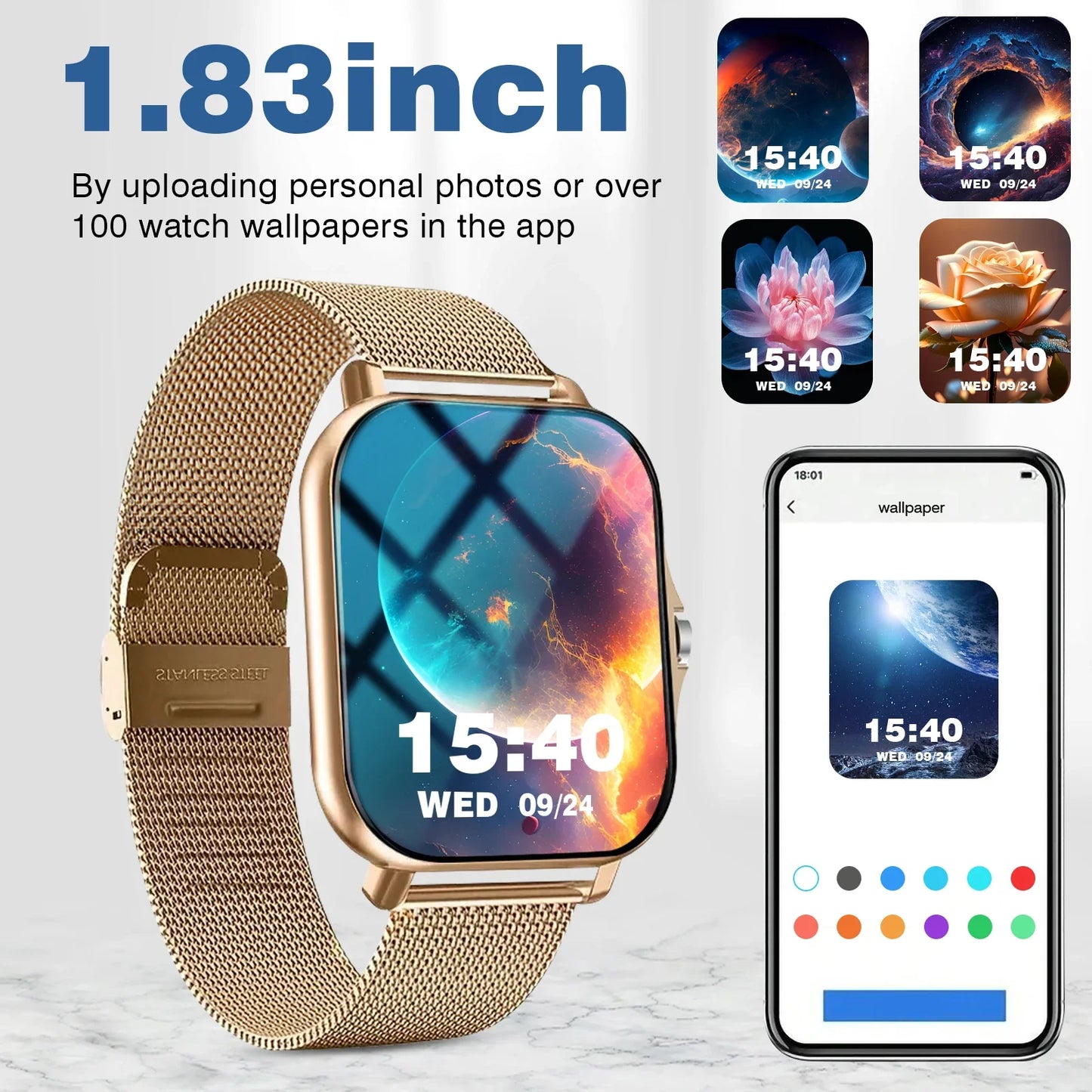 1.83-Inch Smartwatch for Men and Women - Wireless Calling, Music Playback, Weather Forecast, Call & App Notifications