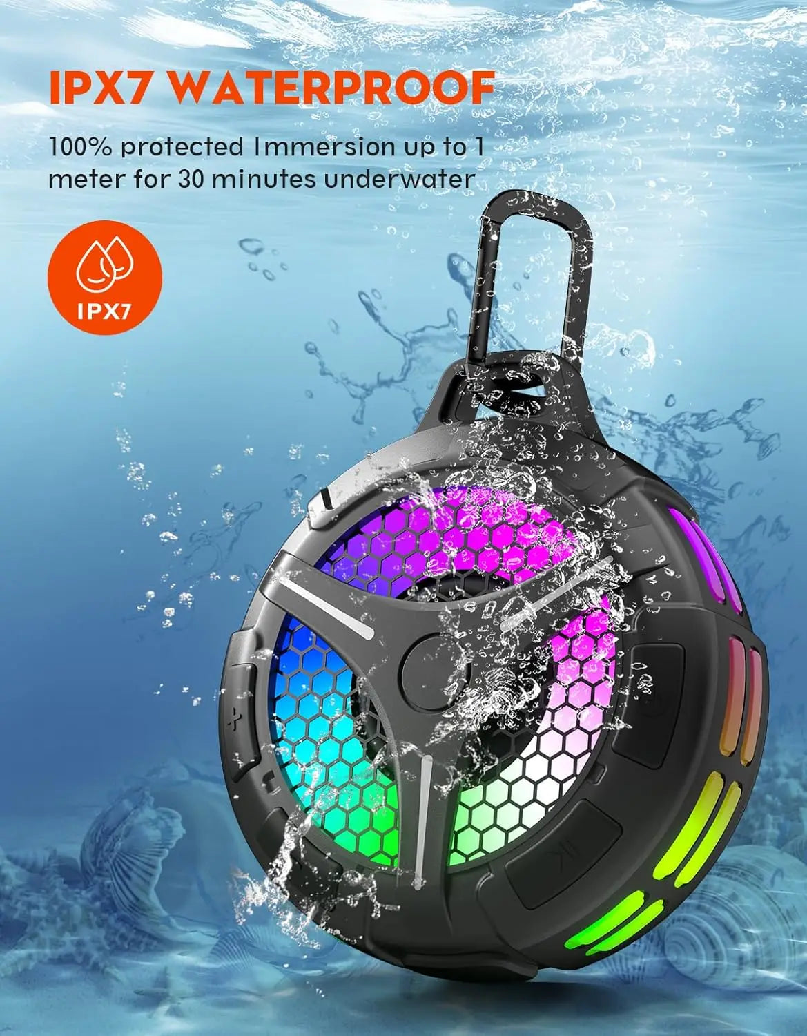 Waterproof Bluetooth Speaker IPX7, Shower Speaker Portable Wireless with Dynamic Lights, TWS Mode, Loud Stereo Sound,Robust Bass