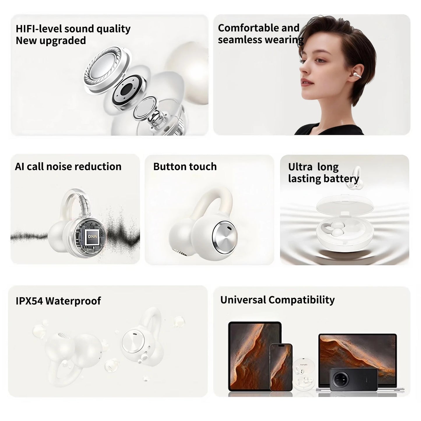 Ear Clip Wireless Bluetooth Earbuds, Crystal Clear Calls，Comfortable for Gym,  Cycling. Secure Fit, Stable for All-Day Use.