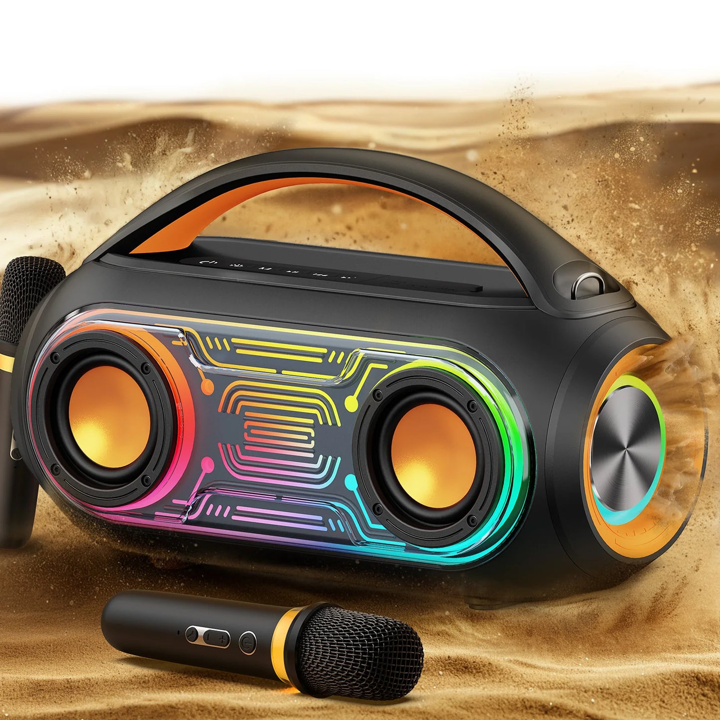 Portable Karaoke Machine with 2 Wireless Microphones, Bluetooth Speaker with Lights, Subwoofers for Home Party, 5 Voice Effects