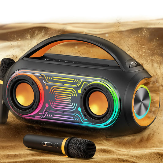 Portable Karaoke Machine with 2 Wireless Microphones, Bluetooth Speaker with Lights, Subwoofers for Home Party, 5 Voice Effects
