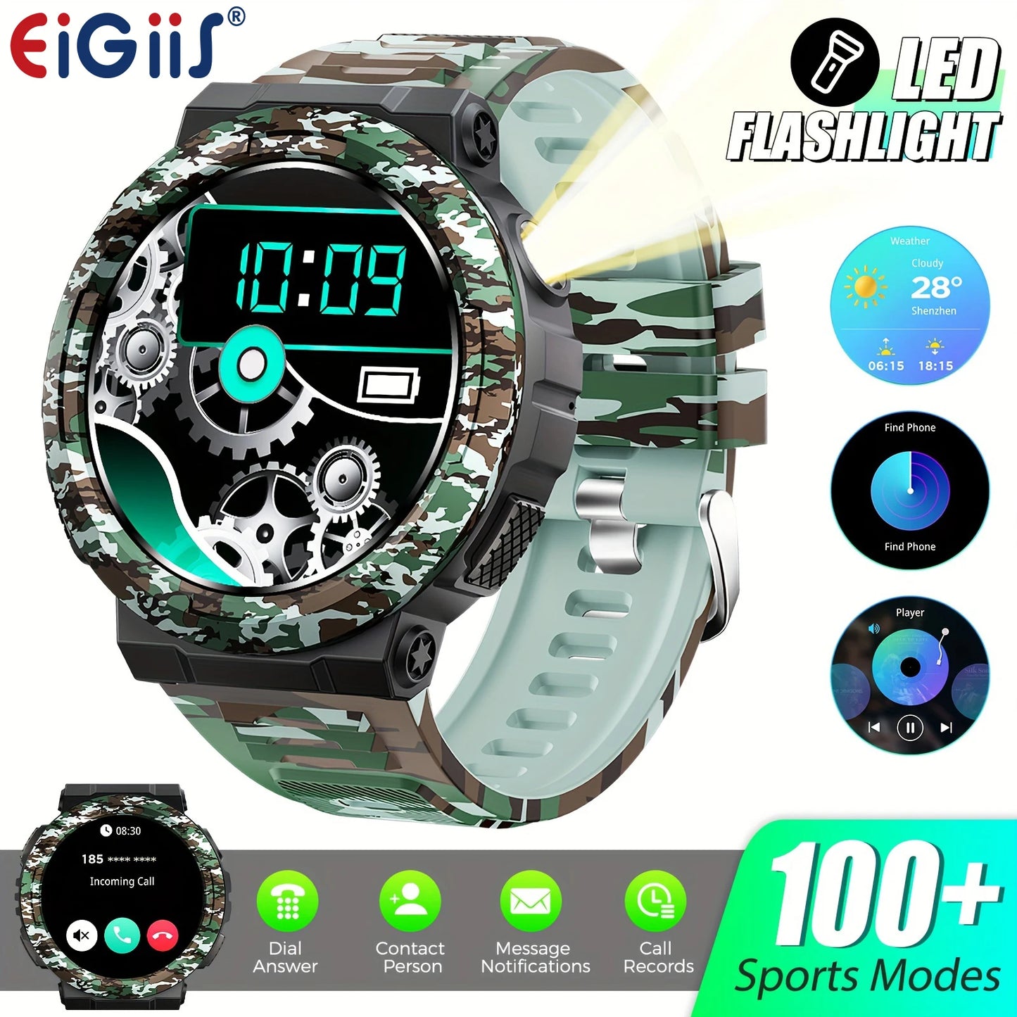 EIGIIS Smart Watch for Men with LED Flashlight 100+Sport Modes 3ATM Waterproof Fitness Tracker with Sleep Heart Rate Monitor