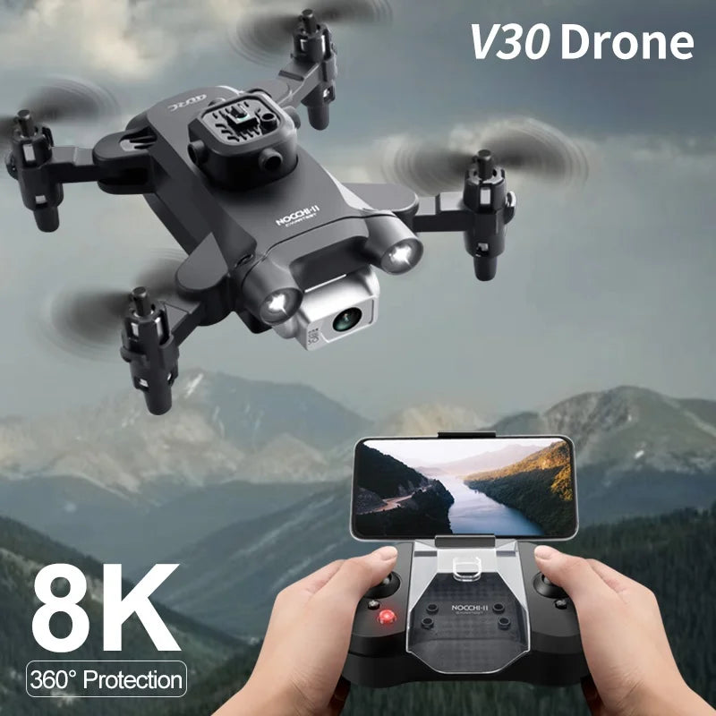 Mini V30 WiFi FPV Drone With 4K HD Dual Camera Obstacle Avoidance Drones Foldable RC Quadcopter Gift for Adults Kid Black Grey