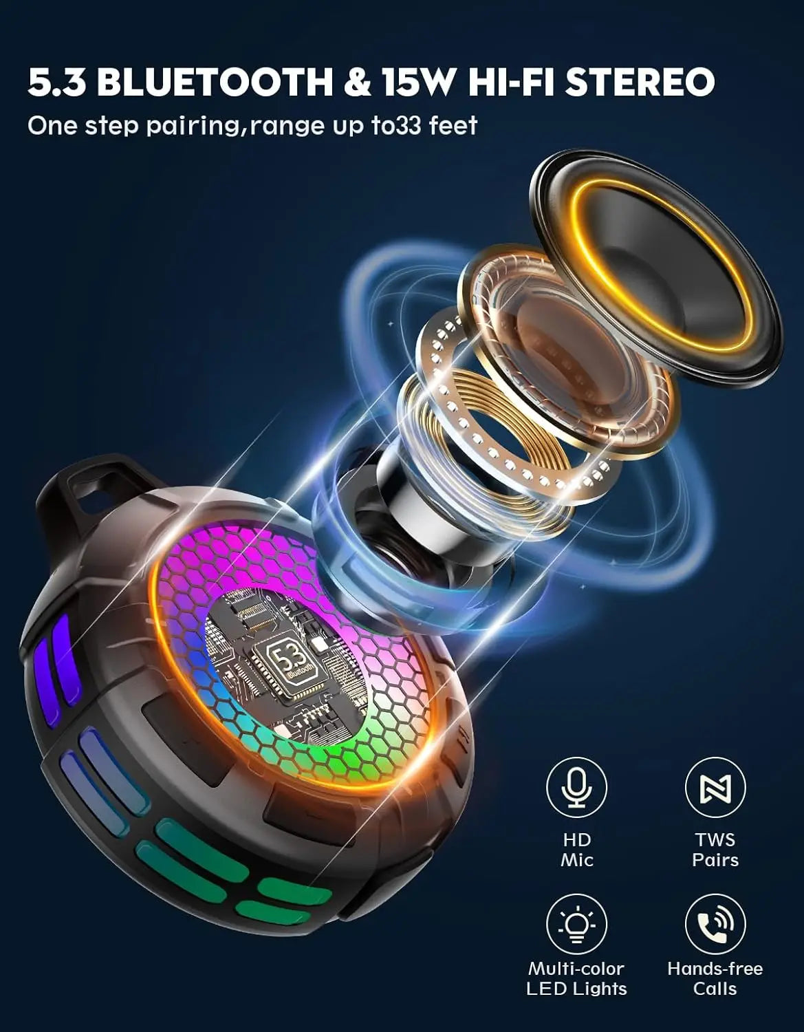 Waterproof Bluetooth Speaker IPX7, Shower Speaker Portable Wireless with Dynamic Lights, TWS Mode, Loud Stereo Sound,Robust Bass