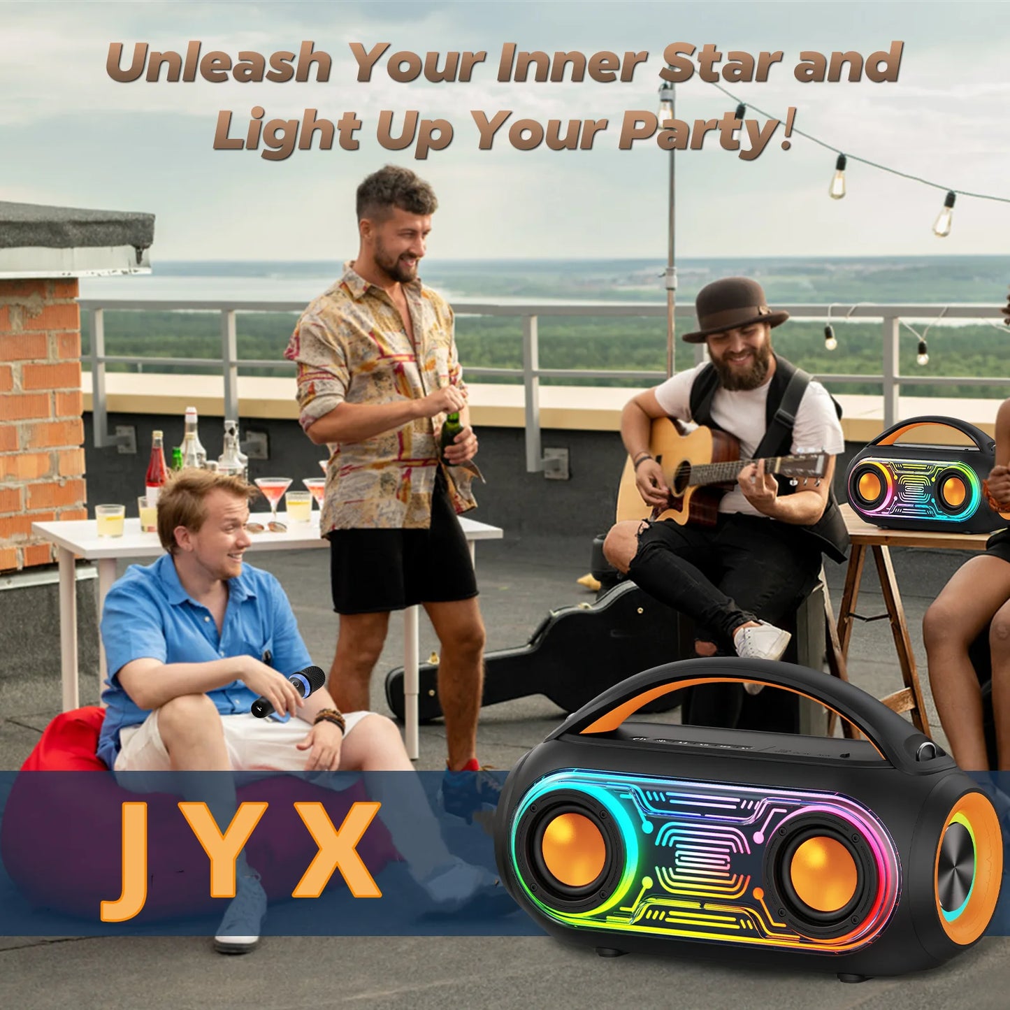 Portable Karaoke Machine with 2 Wireless Microphones, Bluetooth Speaker with Lights, Subwoofers for Home Party, 5 Voice Effects