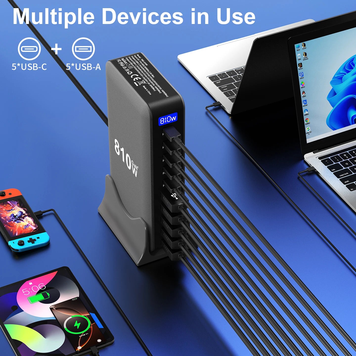 810W GaN Charger USB C Fast Desktop 10-port USB Type C PD3.1 Charger Fast Charging for iPhone Samsung Xiaomi Macbook