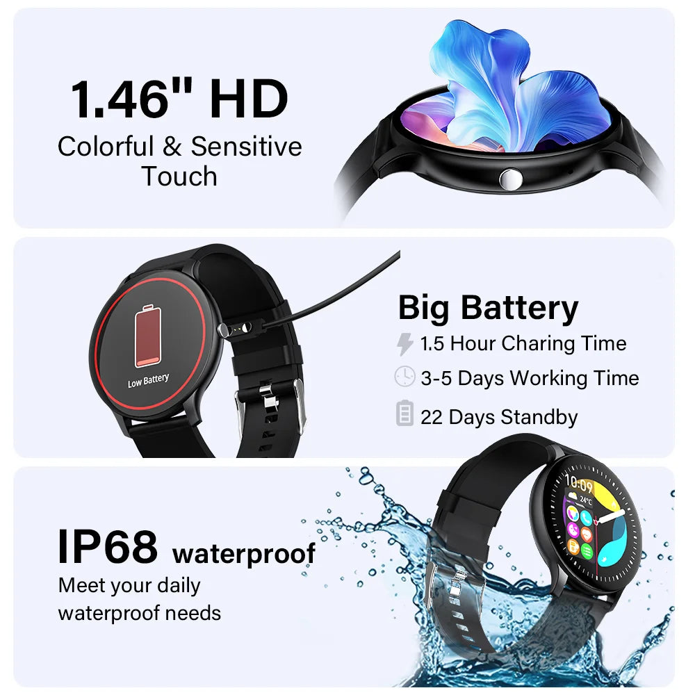 G.L Wear 2025 Women's Smartwatch Bluetooth Talk 1.46 Touch Screen Men's Smartwatch Health Monitoring IP68 Waterproof Fitness